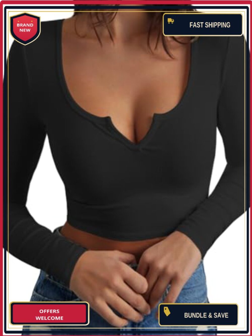 Long Sleeve Scoop Neck V Notch Ribbed Slim Fitted Crop Top
